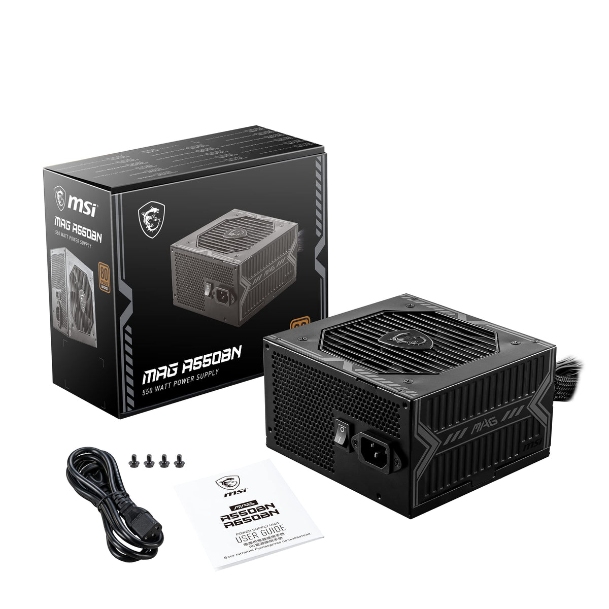 MSI MAG A550BN Alimentator, cu priză EU - 550W, certificat 80 Plus Bronze, alimentator ATX, 12V Single-Rail, design convertor de tensiune DC/DC, ventilator de 120mm - 306-7ZP2A11-CE0