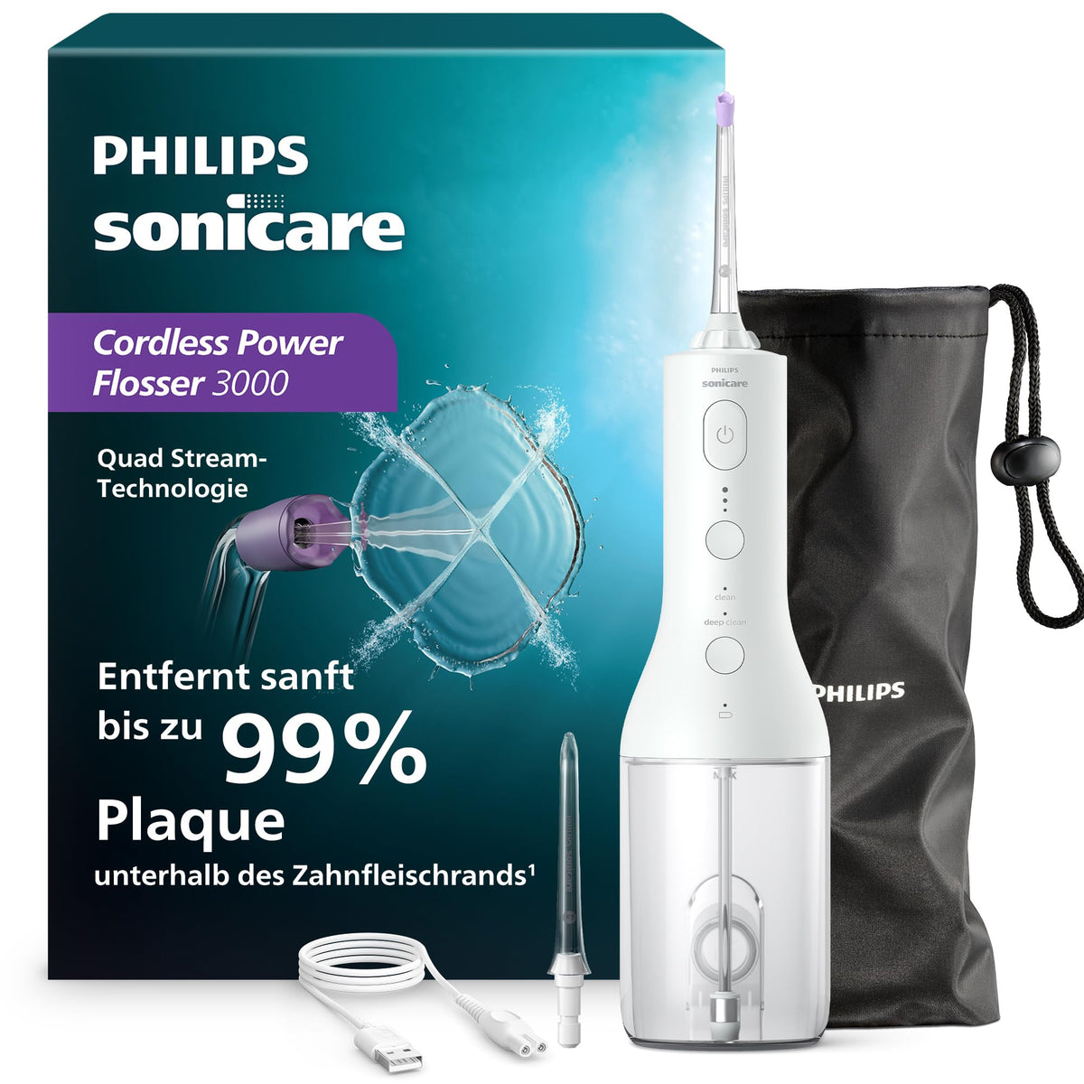 Philips Sonicare Cordless Power Flosser 3000 Oral Irrigator; Water Flosser for Teeth, Gums, and Oral Care, white (Model HX3826/31)