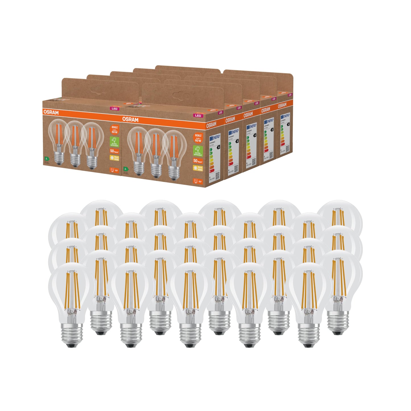 Osram highly efficient LED lamps with energy efficiency class A, value pack with 30 bulbs, replaces conventional 60W light bulbs, pear shape, warm white (2700K), E27, filament glass - 4099854338618