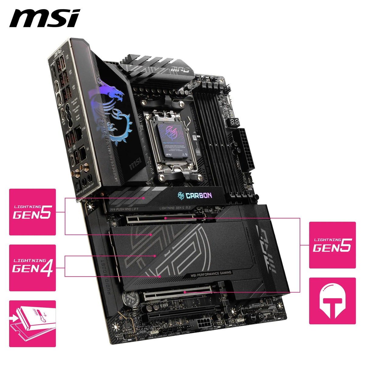 MSI MPG X870E Carbon WiFi Placă de bază, ATX - Suportă procesoare AMD Ryzen 9000/8000/7000, AM5-110A SPS VRM, DDR5 Memory Boost 8400+MT/s (OC), PCIe 5.0 x16 & 4.0 x16, M.2 Gen5, Wi-Fi 7, 5G LAN - 7E49-001R