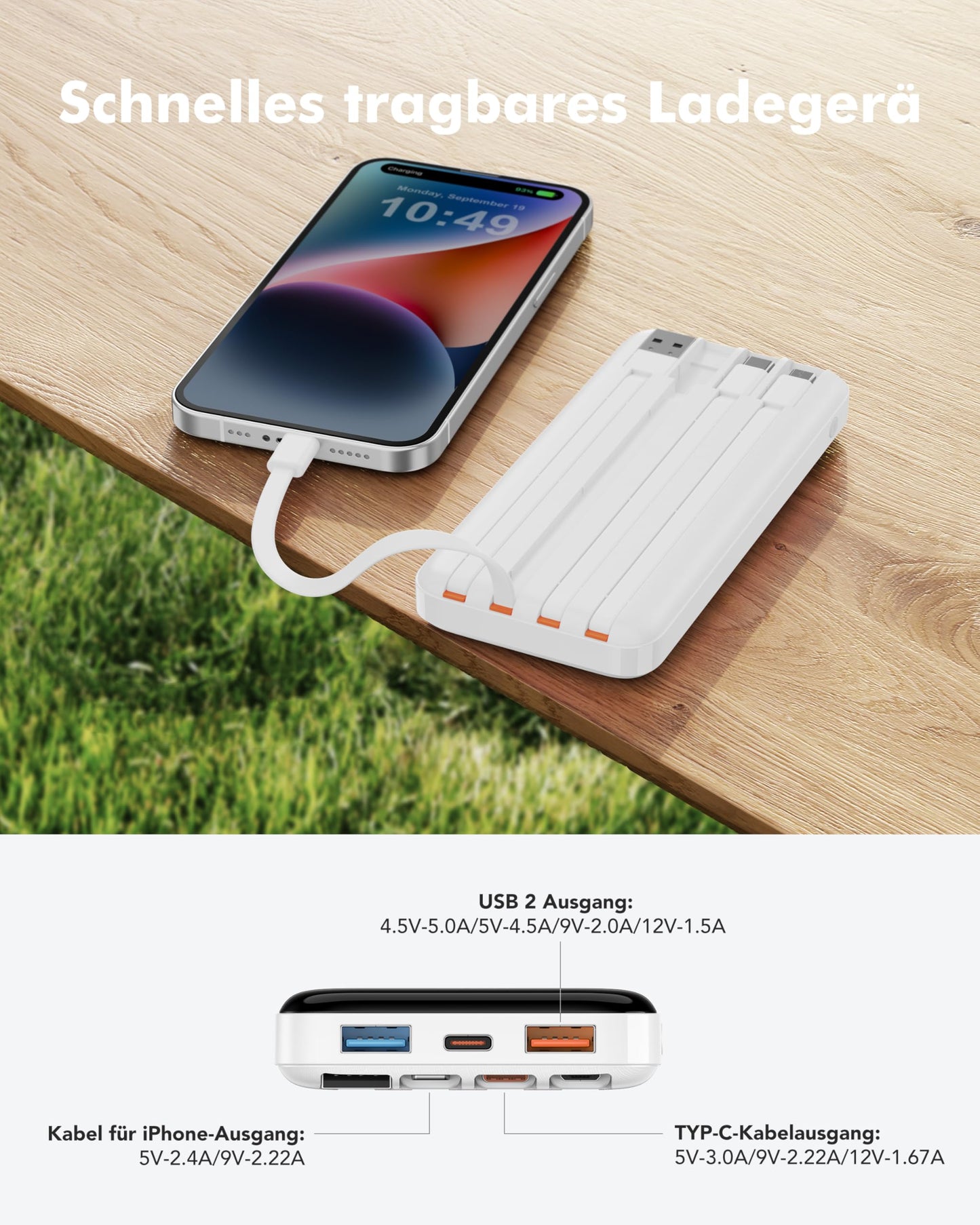 Charmast power bank, 22.5W power bank 20000mAh with 4 cables-white - C2065