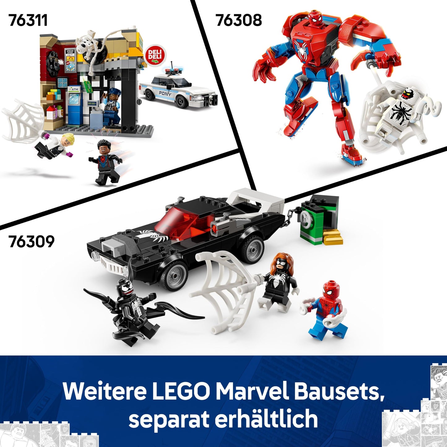 LEGO | Marvel Spider-Man Mech vs. Venom Muscle Car - Car Toy with 3 Superhero Minifigures - Model Car with Shooters - Gift for Boys and Girls Ages 7 and Up 76309