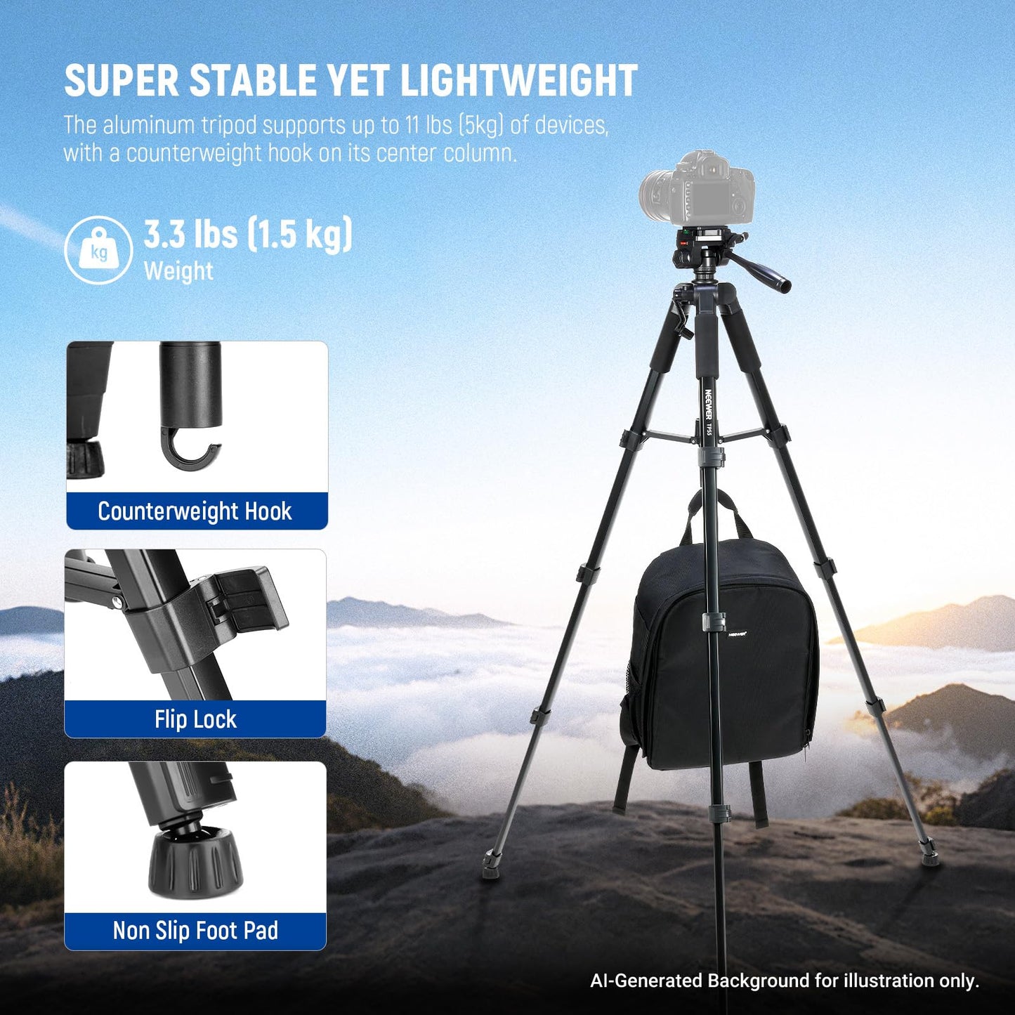 NEEWER Basics Camera Tripod, 71'' Tripod with Mobile Phone Holder, Compatible with iPhone for Video Recording, Professional, Lightweight, Portable Aluminum Travel Tripod with 3-Way Tilt Head, TP55