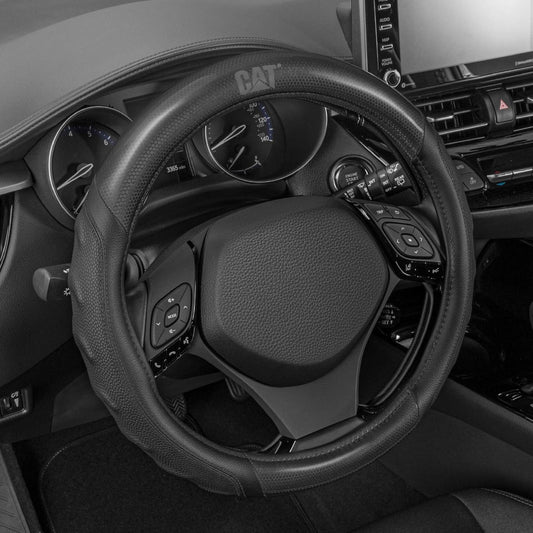 Caterpillar Two-Color Steering Wheel Cover made of Carbon Fiber – strong, durable, and comfortable, Universal size 37.8–39.9 cm (14.5–15.5 inches), Black/Black (CASW-7812-BK)