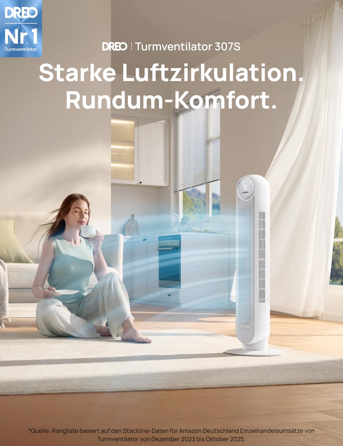 Dreo Smart 20dB Quiet Tower Fan, 10 m Throw 4 Speed Levels 4 Modes 8 Hour Timer 90° Oscillating Fan with Cooling WiFi & Remote Control for Bedroom, Nomad OneS, White - DR-HTF007S