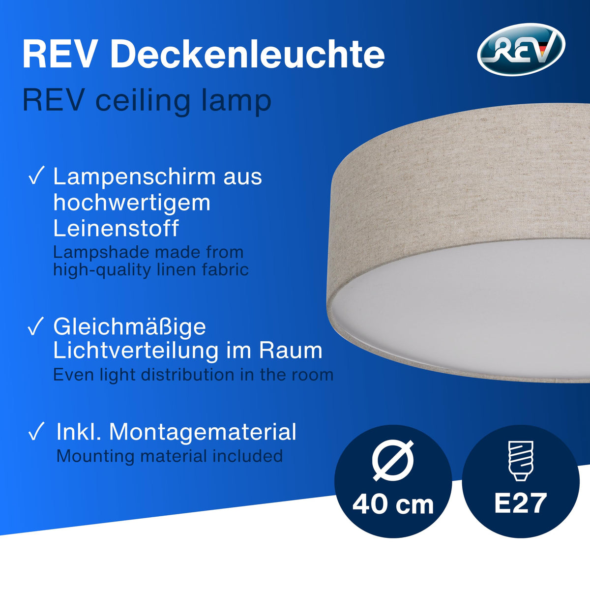 REV ceiling lamp LED - 40cm, fabric lampshade in a vintage look, taupe - 2900025040