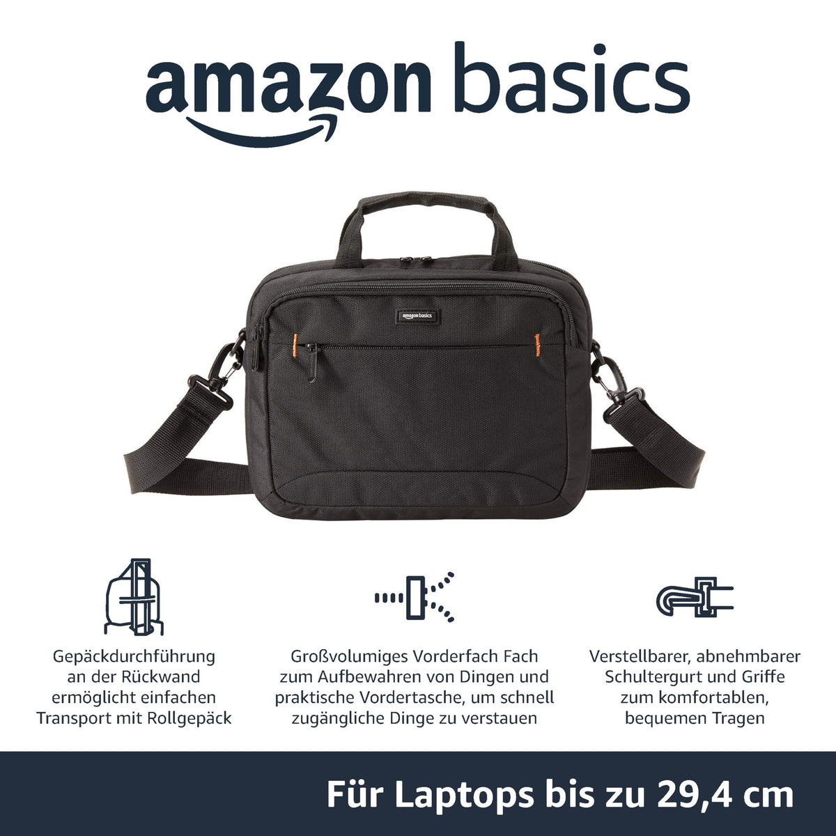 Geanta pentru laptop Amazon Basics cu buzunar frontal și curea pentru bagaje, pentru laptopuri de până la 11,6 inch (29,5 cm), neagră, set de 10 bucăți - NC1305222R1