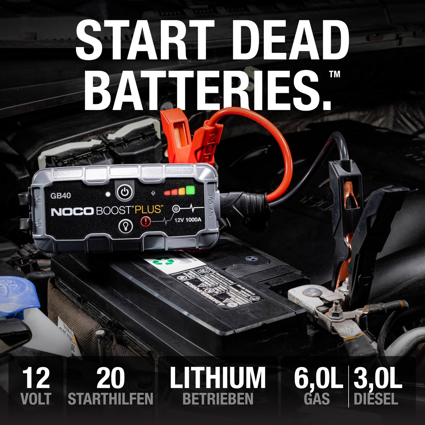 NOCO Boost GB40: 1000A UltraSafe jump starter power bank - 12V lithium jump starter & starter cable - portable booster for petrol engines up to 6.0L & diesel engines up to 3.0L