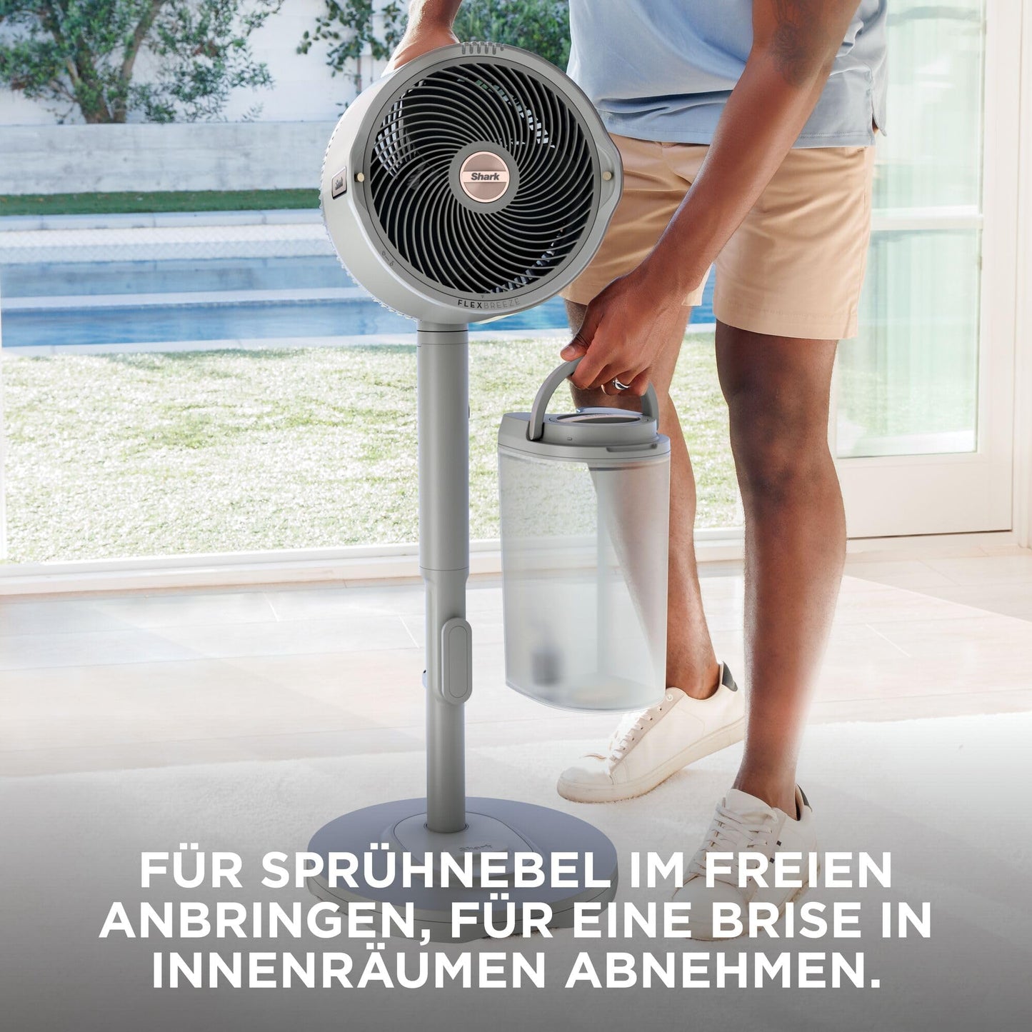 Shark FlexBreeze Pro Mist Ventilator fără fir pentru interior și exterior cu sistem de pulverizare, rezervor portabil de pulverizare, suport de 20 m și ventilator de masă, 5 setări de viteză, silențios, telecomandă, Dove FA300WHEU