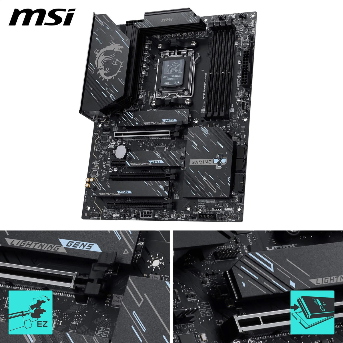MSI X870E Gaming Plus WiFi Motherboard, ATX - Supports AMD Ryzen 9000/8000 / 7000 processors, AM5-60A SPS VRM, DDR5 Memory Boost 8200+ MT/s (OC), PCIe 5.0 x16 & 4.0 x4, M.2 Gen5, Wi-Fi 7, 5G LAN - 10876985