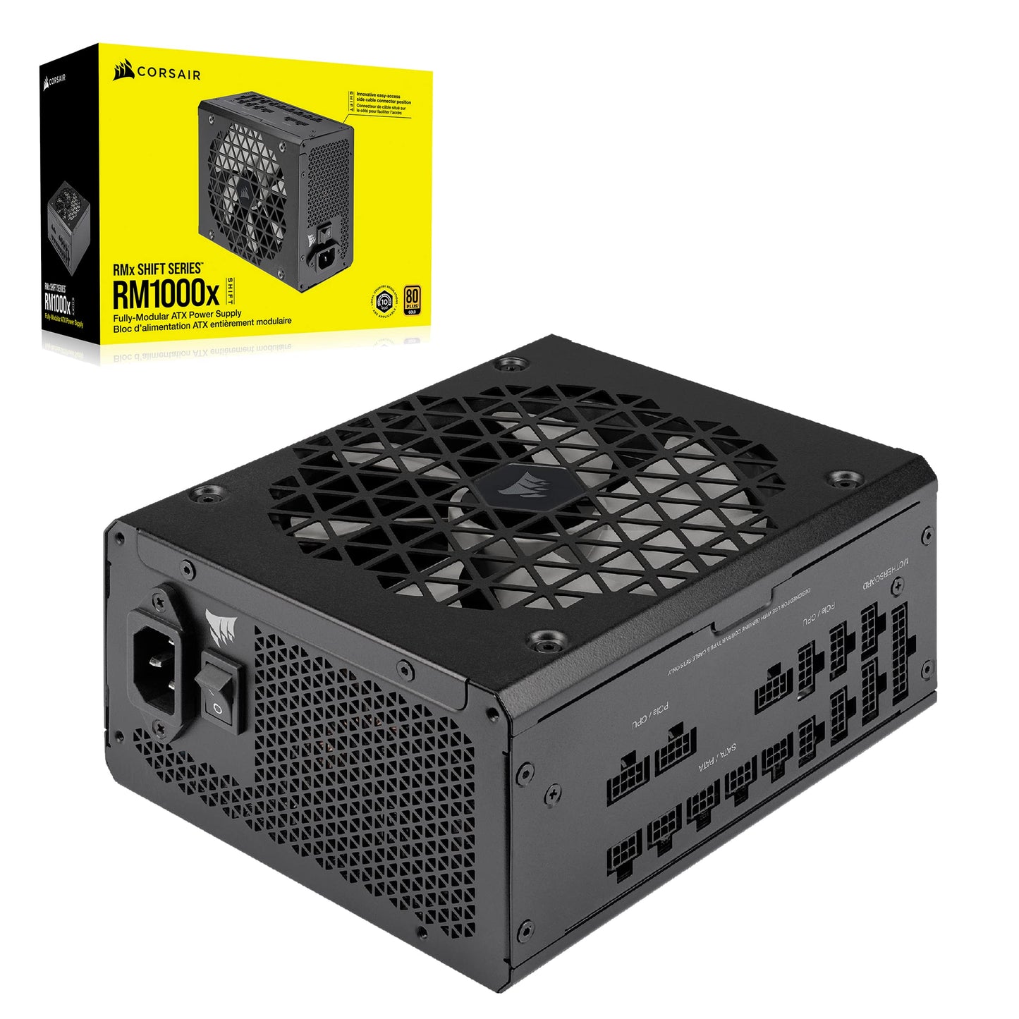Corsair RM1000x Shift, Fully Modular ATX Power Supply, Modular Side Interface, ATX 3.1 & PCIe 5.1 Compatible, Zero Speed Fan Mode, 105°C Capacitors, 80 Plus Gold Efficiency, Black - CP-9020253-EU