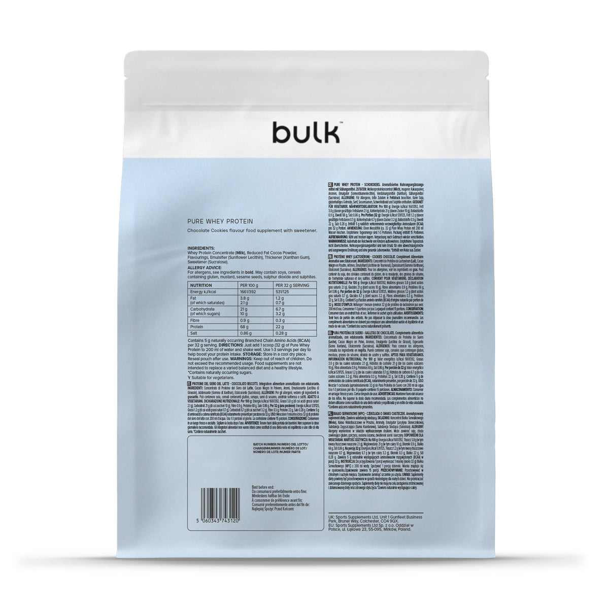 Pulbere de proteine din zer pur Bulk, biscuiți cu ciocolată, 1kg - BPB-WPC8-CCOO-1000