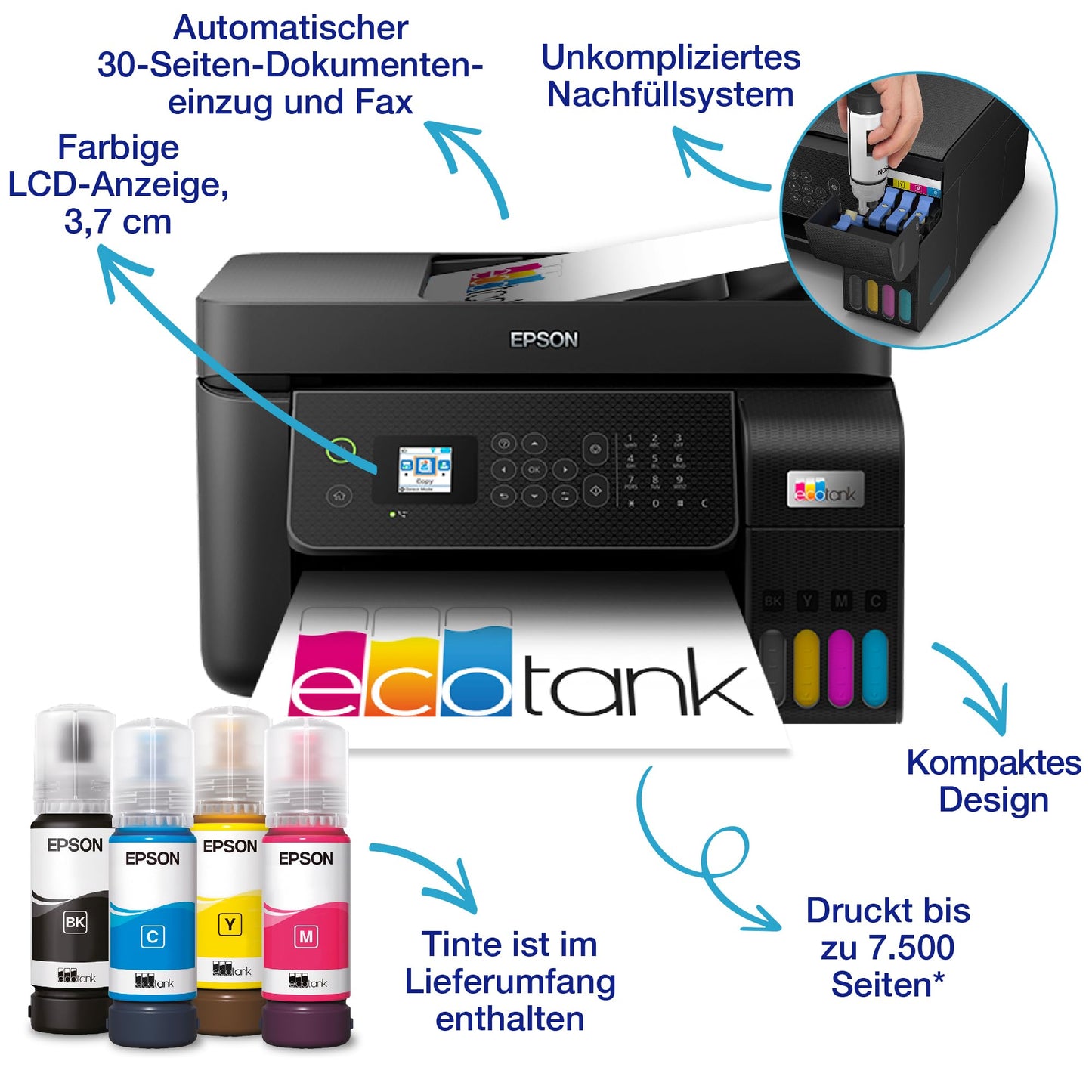 Epson EcoTank ET-4800 ink tank printer | for Home & Small Offices | WiFi & Ethernet| A4 | Print, Copy, Scan, Fax | 3.7cm LCD display screen | ADF | Includes ink for up to 3 years