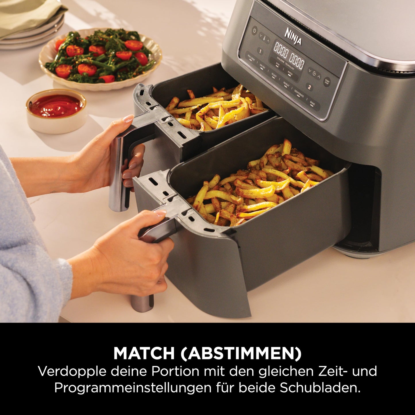 Ninja Dual Zone Digital Air Fryer, 2 Drawer, 6-in-1, Oil-Free Air Fryer, 7.6L, Air Frying, Max Crisp, Roasting, Baking, Reheating, Dishwasher Safe Baskets, Metallic Gray DZ300EU