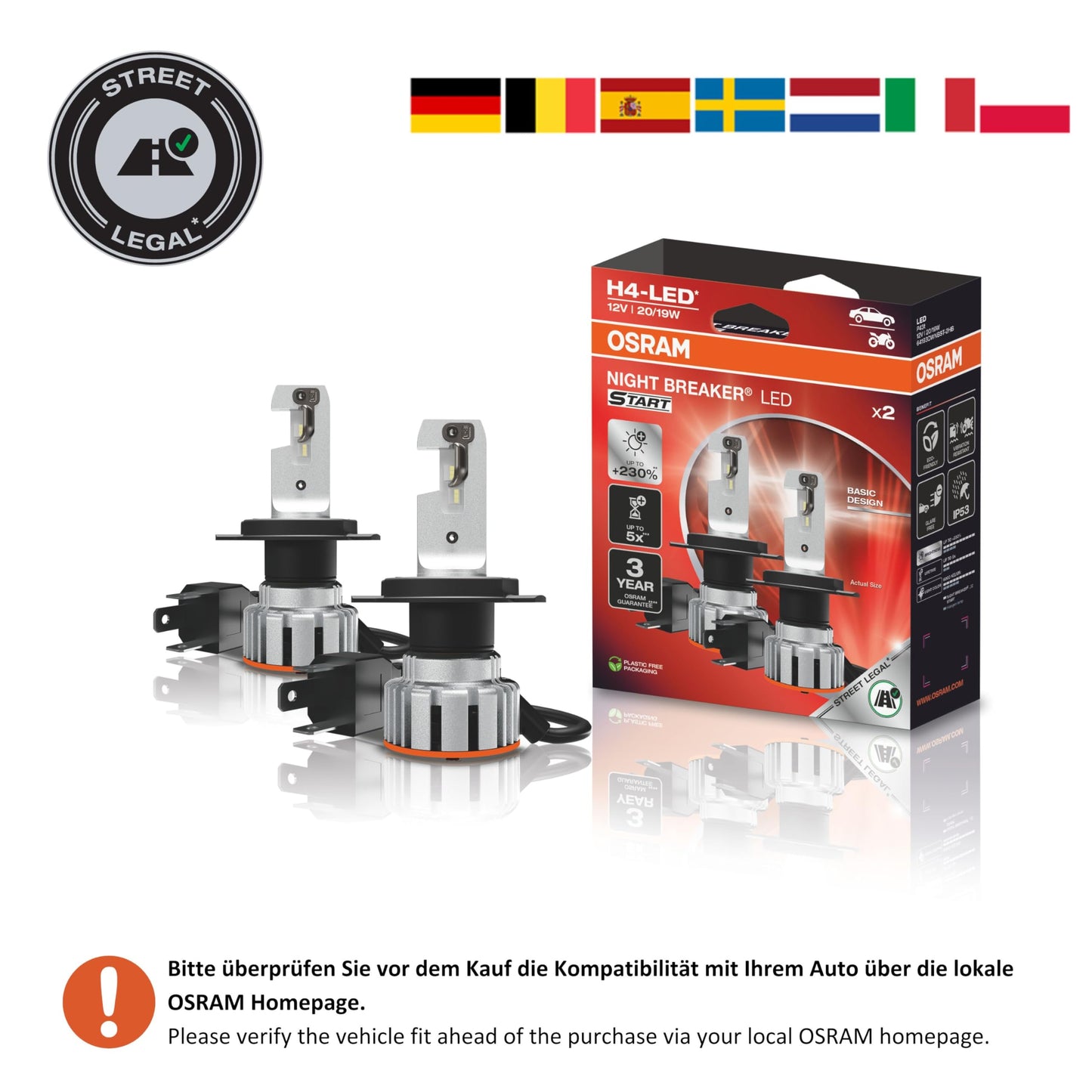 Osram NIGHT BREAKER LED START H4, LED high and low beam with street approval, up to 230% more brightness, 6000 K, 12 V - 64193DWNBST-2HB