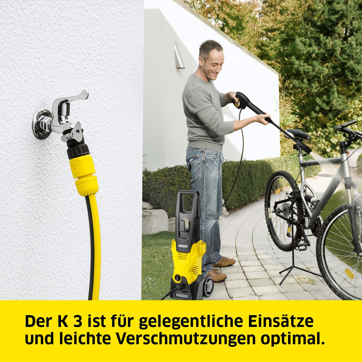 Kärcher high-pressure cleaner K 3: for light dirt on bicycles, garden fences, motorcycles etc. Area performance 25 m²/h. With gun, 6 m high-pressure hose and Vario Power jet lance yellow - 1.601-888.0