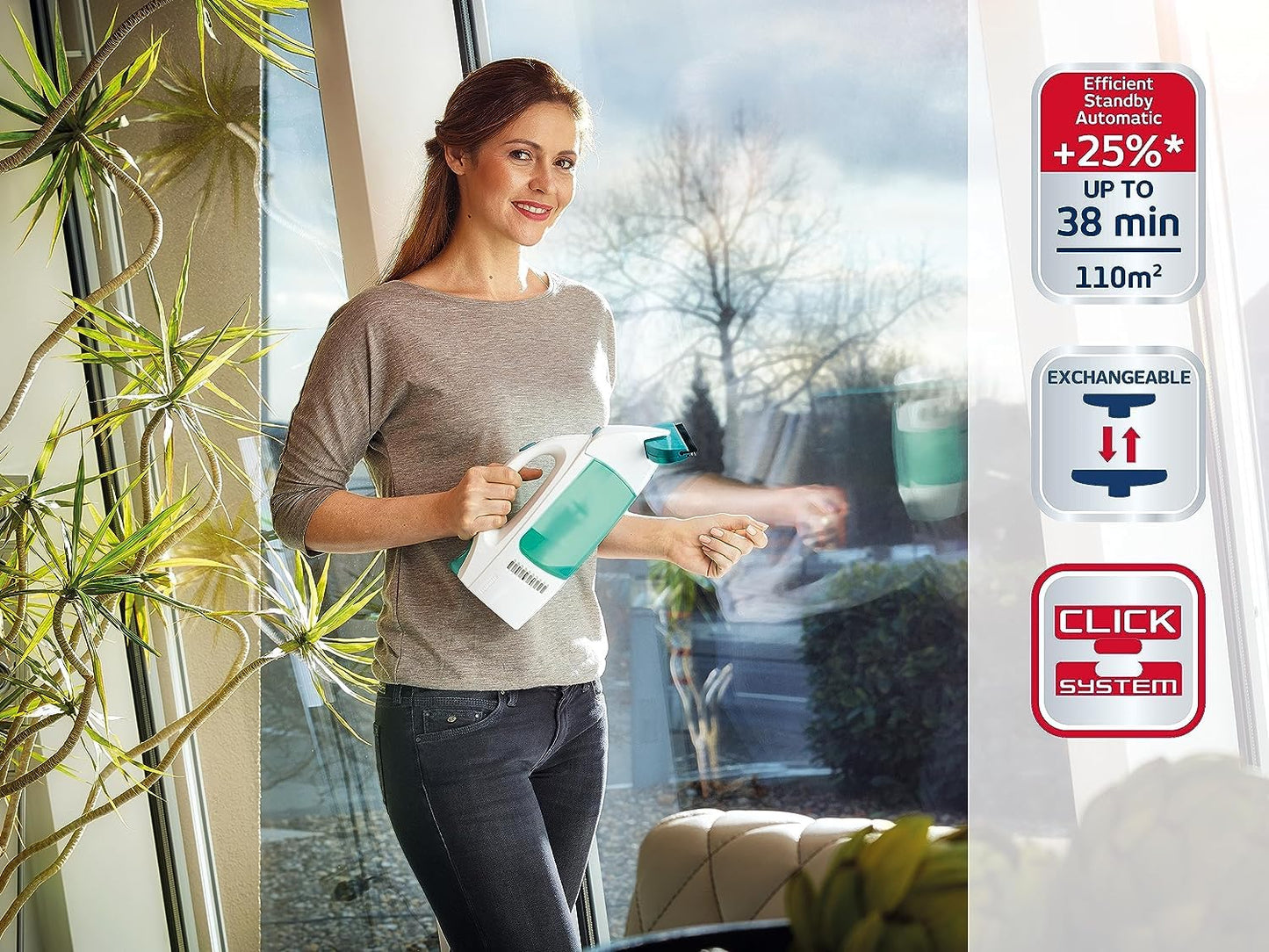 Leifheit window vacuum set Dry & Clean with handle and washer for 360° streak-free cleaning, window cleaner can be used for up to 38 minutes, window cleaner with automatic stand-by and click system - 51003