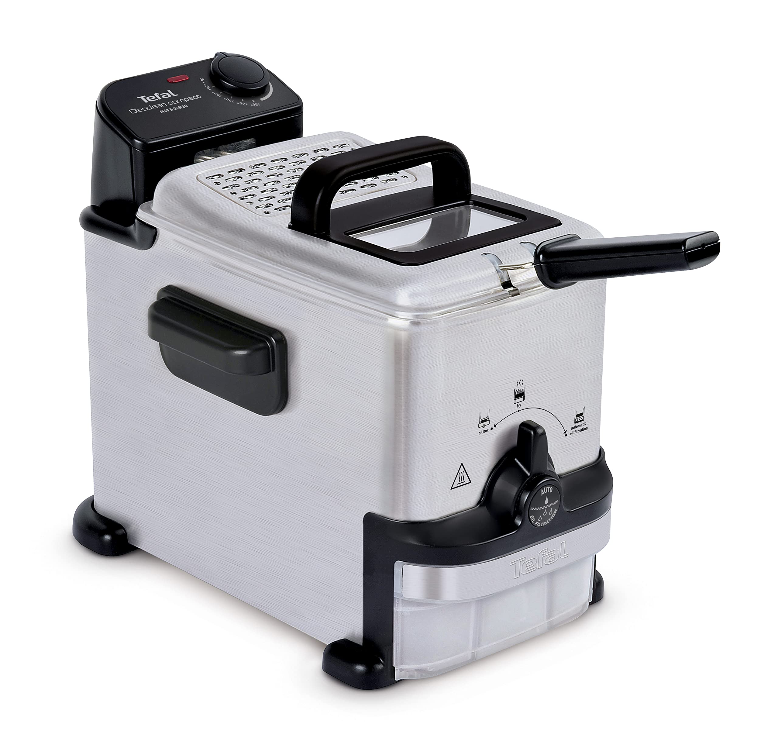 Friteuză electrică Tefal Oleoclean Compact, capacitate ulei 2 L, friteuză cu filtrare ulei, piese lavabile în mașina de spălat vase, fereastră de vizualizare, temperatură reglabilă, negru, oțel inoxidabil, FR7016