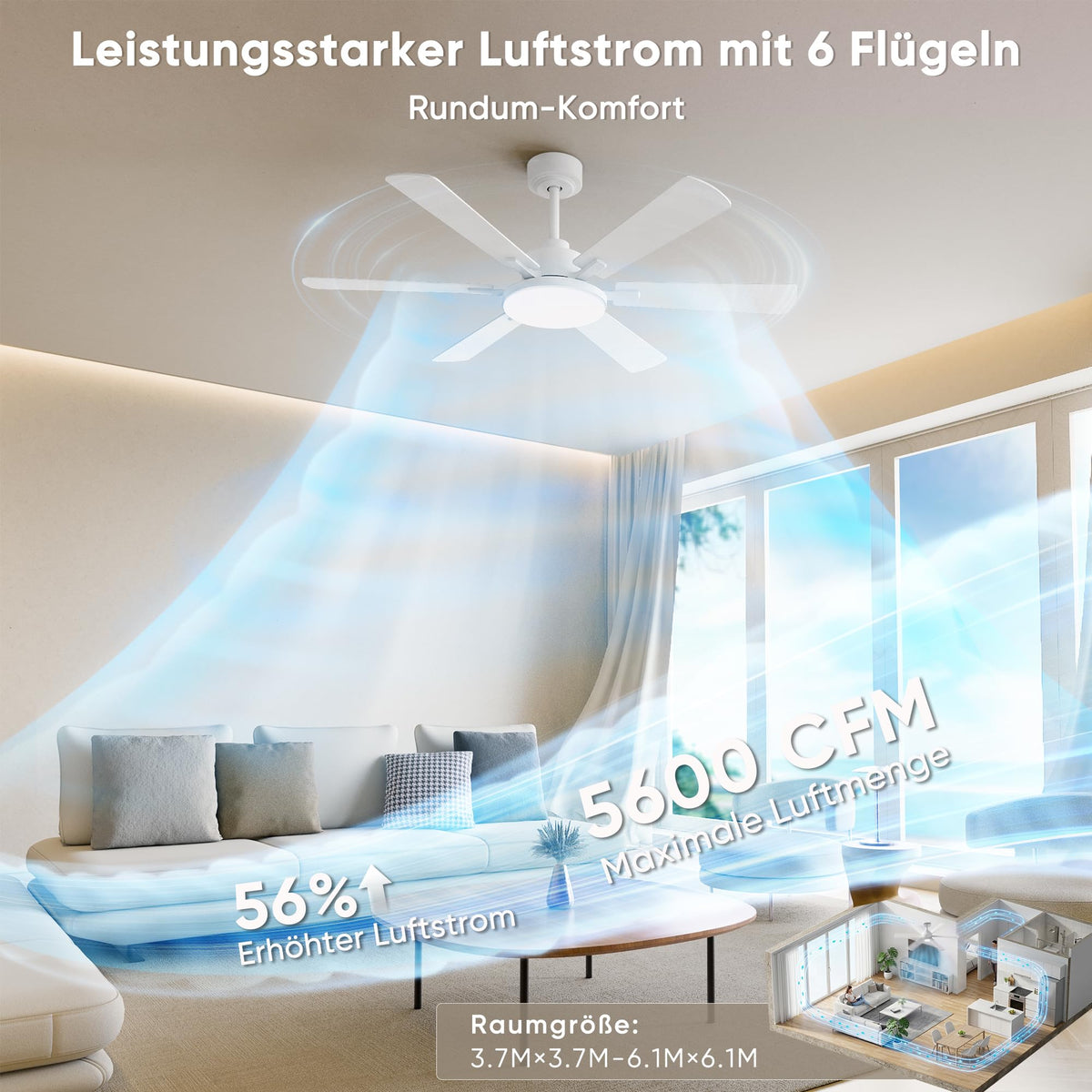 ROTTOGOON Ceiling Fan with Lighting 132cm, Double-Sided Blades, White - NJ004