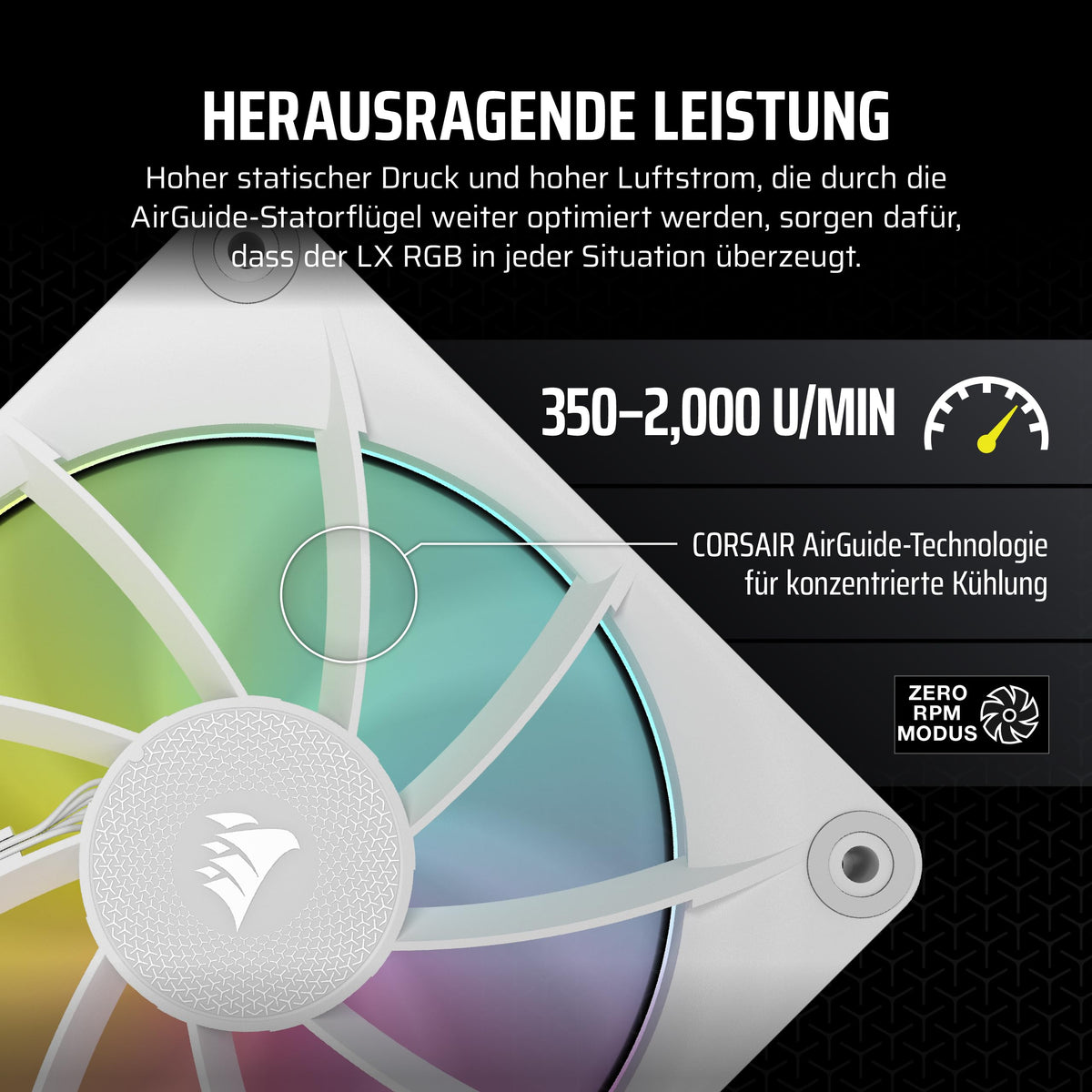 CORSAIR iCUE LINK LX140 RGB ventilator de 140mm PWM, ambalaj individual – Dual Light Loops – Necesită hub iCUE LINK (vândut separat) – Tehnologie CORSAIR AirGuide – Alb - CO-9051031-WW