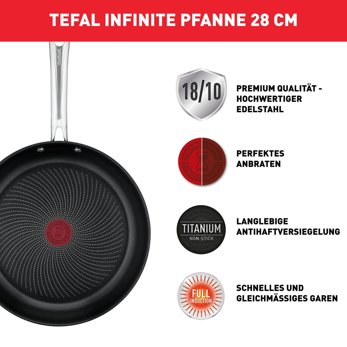 Tefal Infinite Induction Frying Pan 28 cm, frying pan with non-stick coating, Thermo-Signal for ideal cooking temperature, easy to clean, suitable for all types of cooktops, premium stainless steel, H81506 - H8150625