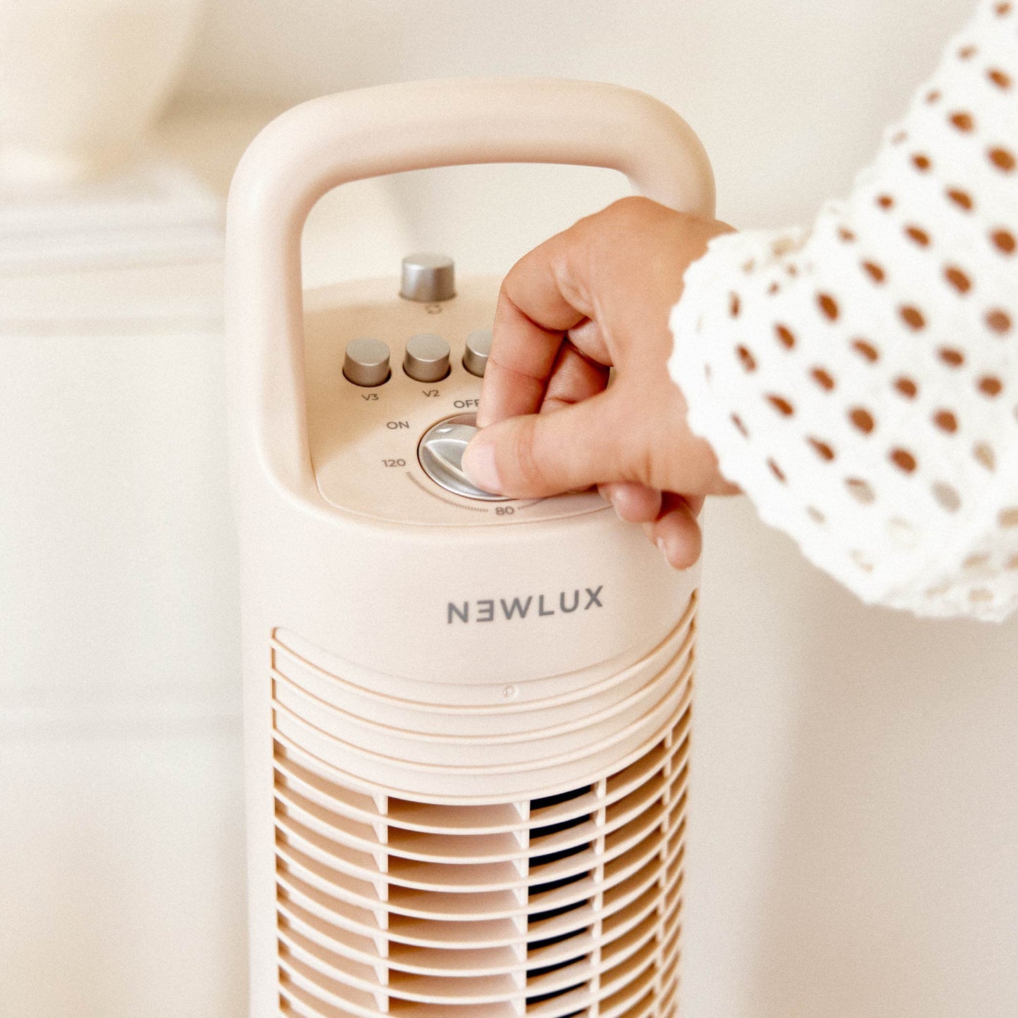 Newlux - tower fan without blades W80 (45W) 3 speed levels, 70° oscillation and timer 120min. Pedestal fan with copper motor and transport handle. No installation (coral) - 1200496