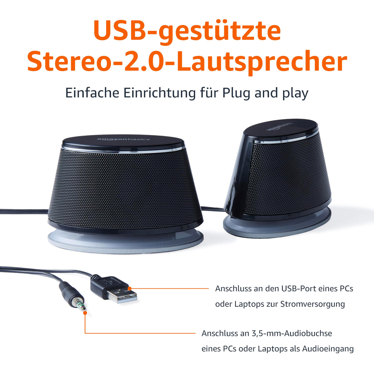 Amazon Basics PC Speakers Stereo 2.0, USB Power Supply, 3.5mm AUX Input, 1 Pair, Black - V620BLACK