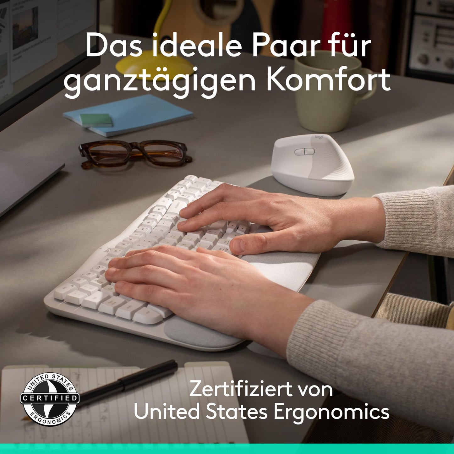 Logitech Wave Keys and Lift Vertical Mouse - Ergonomic Bundle - Wireless Keyboard with Padded Wrist Rest and Vertical Wireless Mouse - Bluetooth, Multi-OS, Windows/Mac - White - 910-006473
