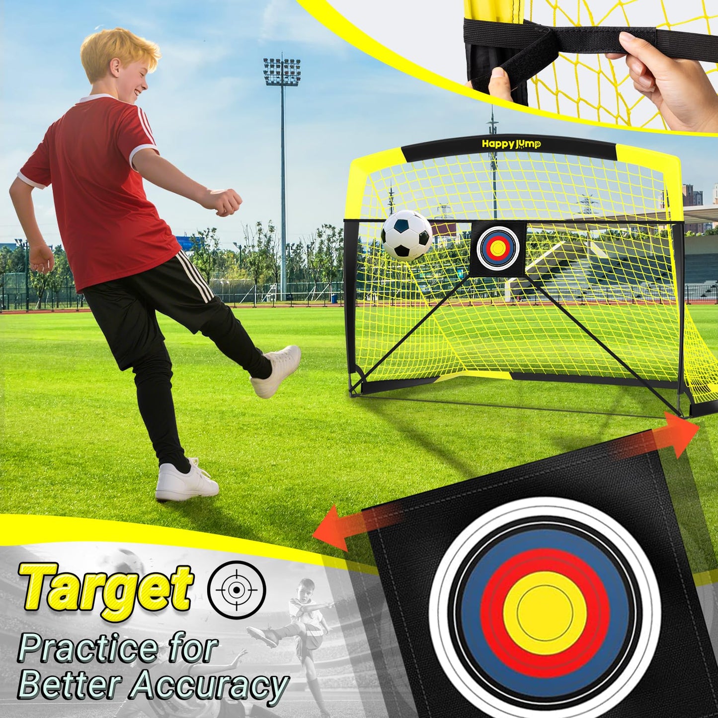 Happy Jump Pop-Up Football Goals - 152x110 cm, 2 goals, black yellow with ball, pump, cone & target | Complete training set for garden & family - Z2500800BQ1