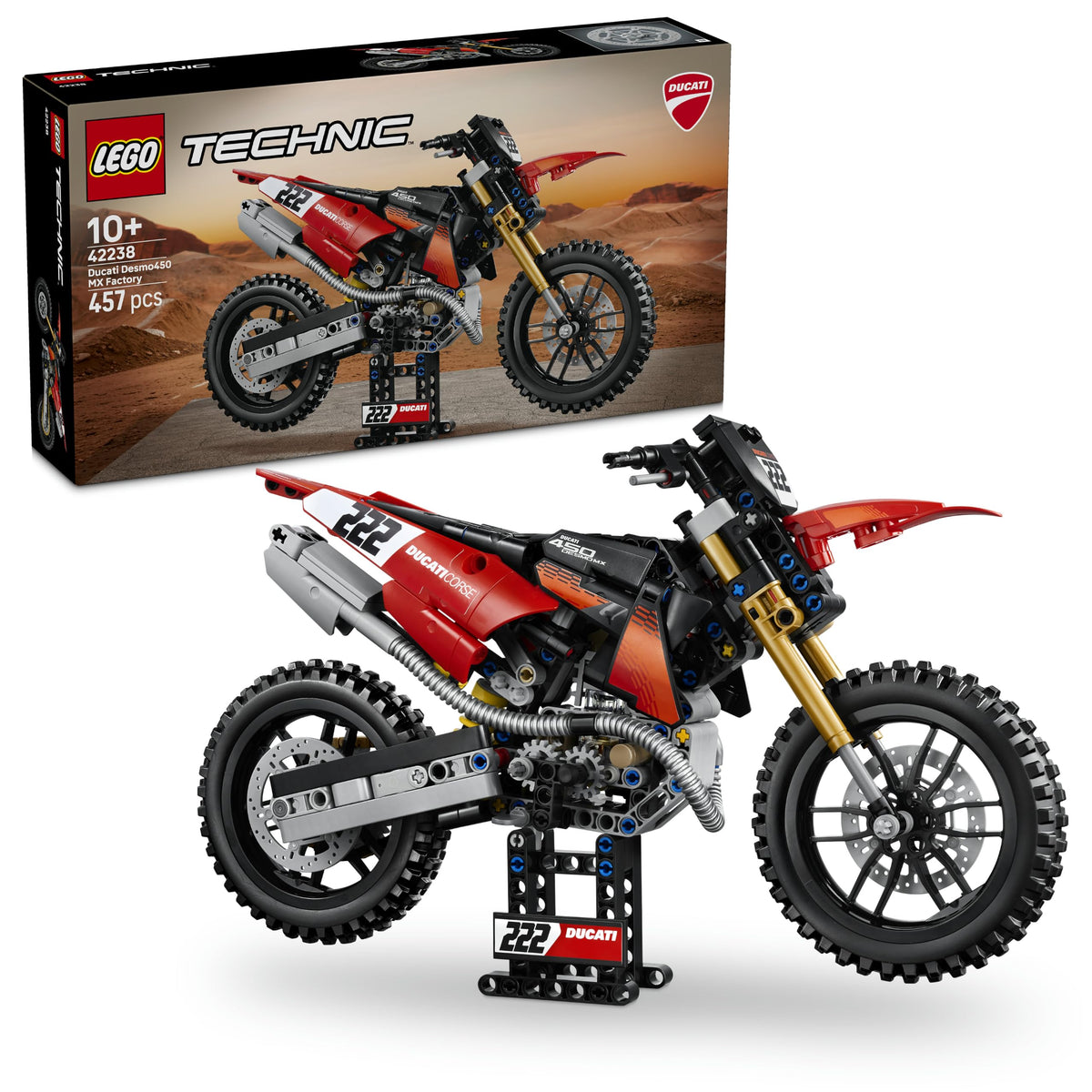 LEGO Technic Ducati Desmo450 MX Factory Motorcycle Model Kit - With motorcycle toy featuring steering & suspension - Desk decoration - Collectible gift for boys aged 10 and up - 42238