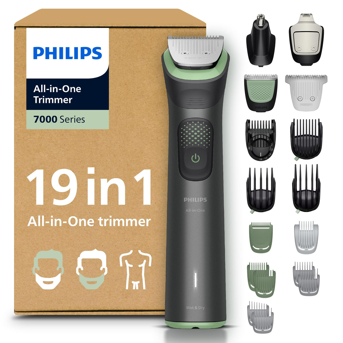 PHILIPS Multigroom 7000 pentru bărbați - All-in-One, trimmer de barbă și mașină de tuns cu 19 piese pentru față, cap și corp, lame autoascuțite, 26 de setări de lungime (0,5-20 mm), MG7962/30