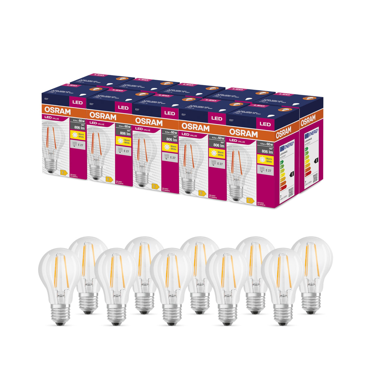 Osram LED Star Value Classic A60 LED Bulb for E27 Socket, bulb shape, FIL, 806 Lumens, warm white (2700K), replacement for traditional 60W incandescent bulbs, non-dimmable, pack of 10 - 4058075819665