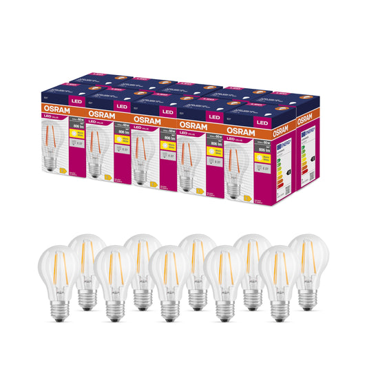 Osram LED Star Value Classic A60 LED Bulb for E27 Socket, bulb shape, FIL, 806 Lumens, warm white (2700K), replacement for traditional 60W incandescent bulbs, non-dimmable, pack of 10 - 4058075819665