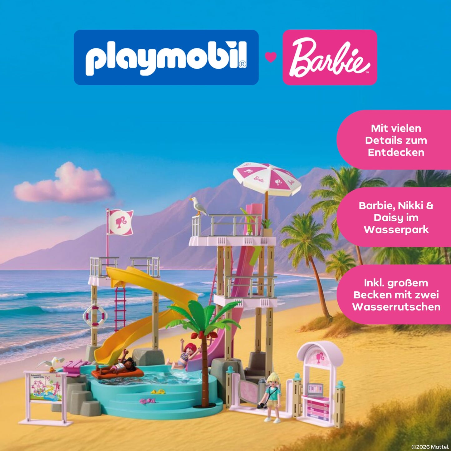 PLAYMOBIL | Barbie | Water park | Summer Adventures with Barbie Nikki & Daisy | Large water park that can be filled with real water Incl. slides & pool | Malibu summer dreams for children aged 4 and up | 72120