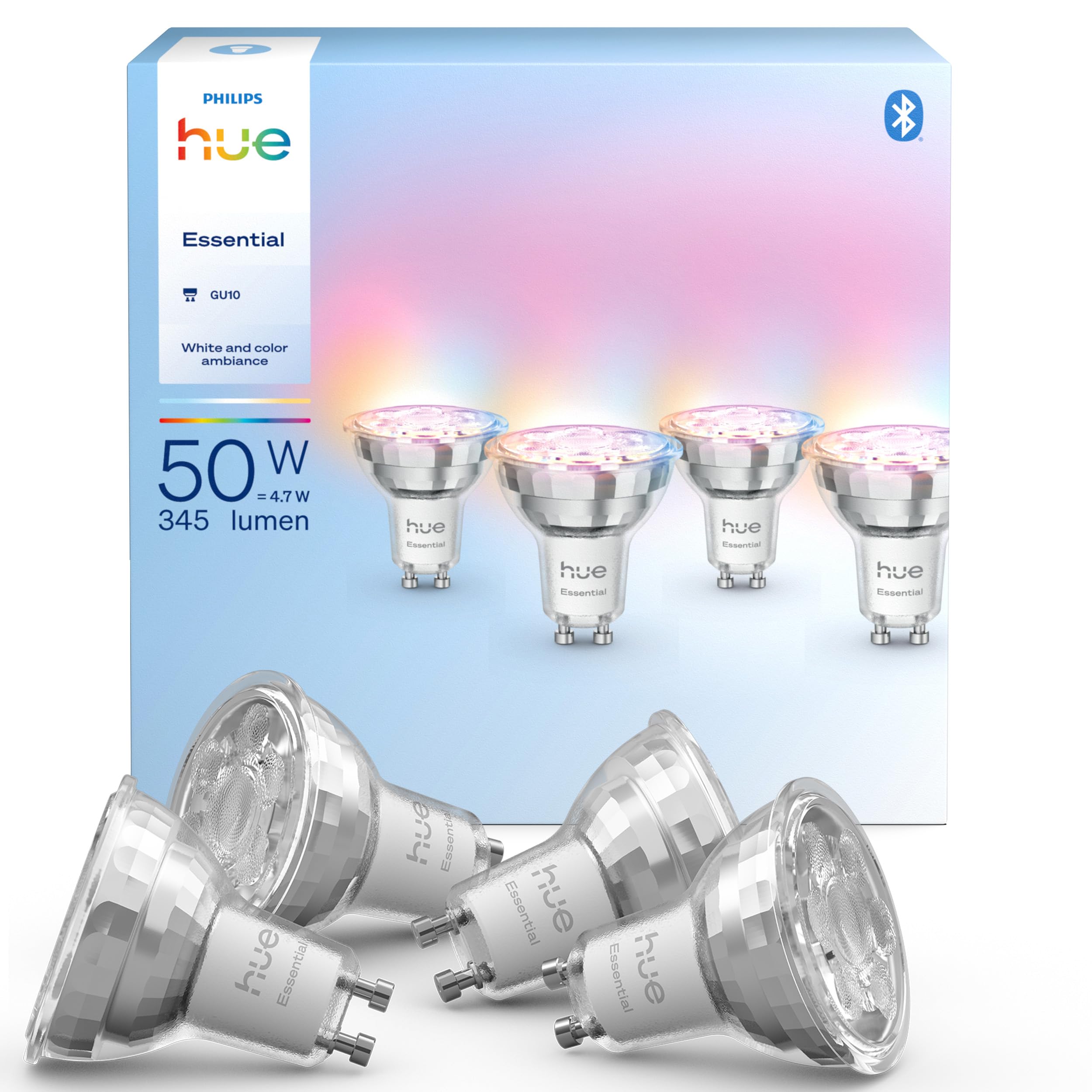 Philips Hue Essential Smart LED GU10 Spotlight, white and color, 345 lm energy-saving lamps, dimmable, LED bulbs compatible with Alexa, Google Assistant and Apple Home, pack of 4 - 929004235703