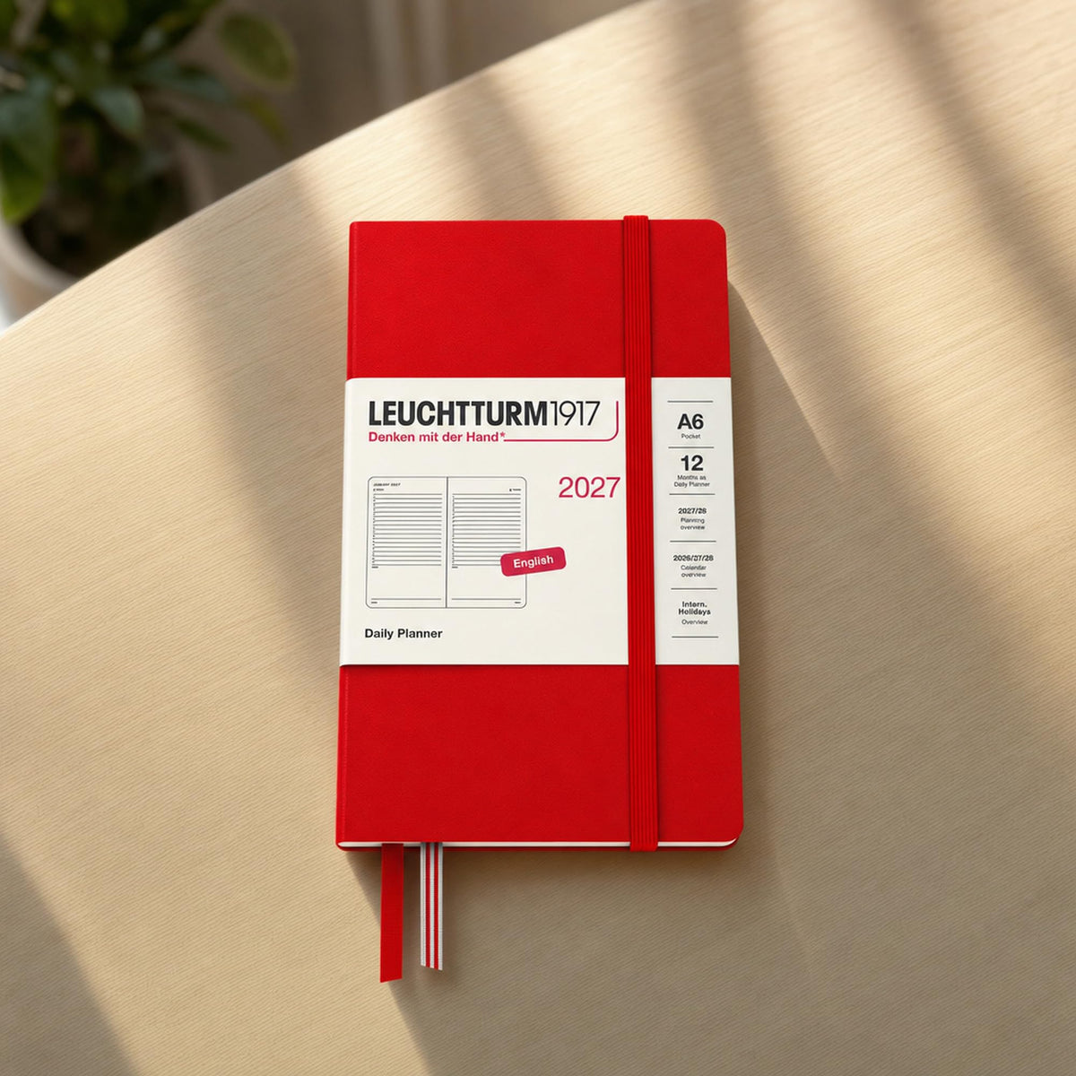 LEUCHTTURM1917 Daily Calendar 2027 Pocket (A6) - English, Cherry, 90 x 150 mm, January-December (12 months), 1 page per day, hourly grid 7:00-22:00, hardcover, 80 g/m² paper - 400332