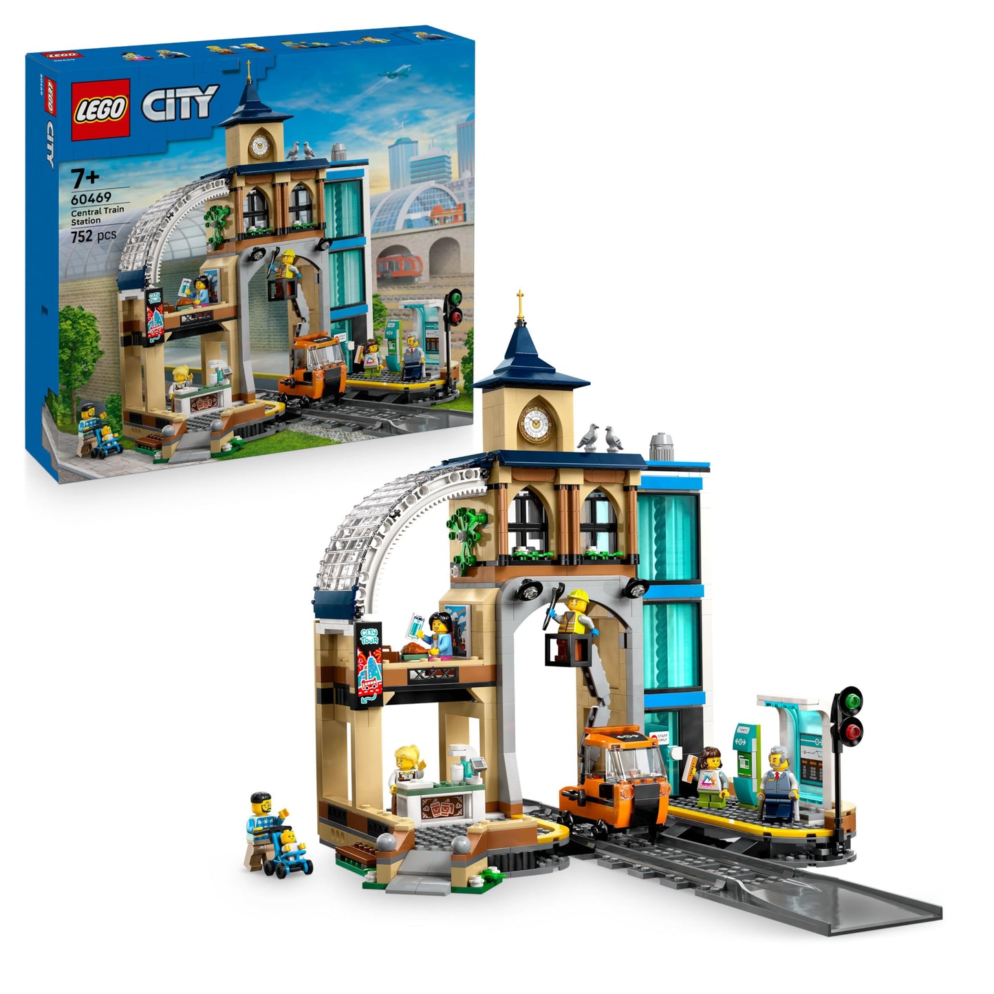 LEGO City Trains Central Station - maintenance vehicle toy, working lift, 2 platforms & 1 piece of track as well as 6 minifigures - creative gift for boys and girls aged 7 and up - 60469