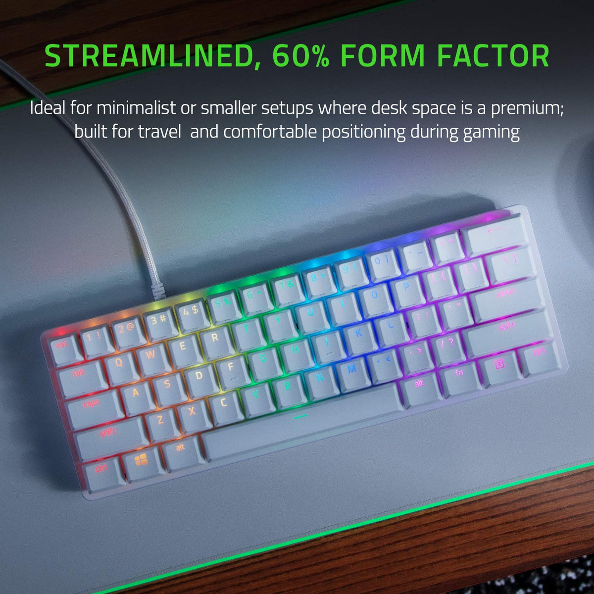 Razer Huntsman Mini (Purple Switch) - Tastatur de gaming compactă de 60% (Switch-uri optice clicante, capace de taste Doubleshot PBT, cablu USB-C detașabil) QWERTY US-Layout | Alb Mercur - RZ03-03390300-R3M1