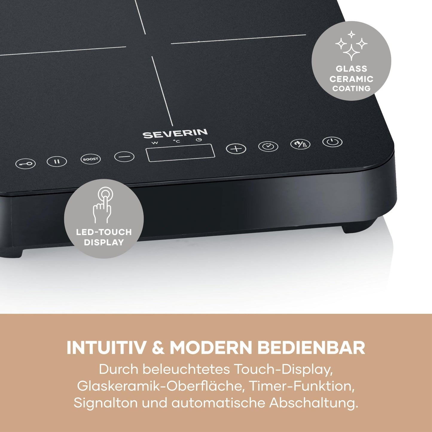SEVERIN induction hob, 1 plate, 10 power levels, temperature range 60-240°C, touch display, Ø 22cm, matt hob, with glass ceramic hob, pot detection, black, 2,000 W, KP 1026
