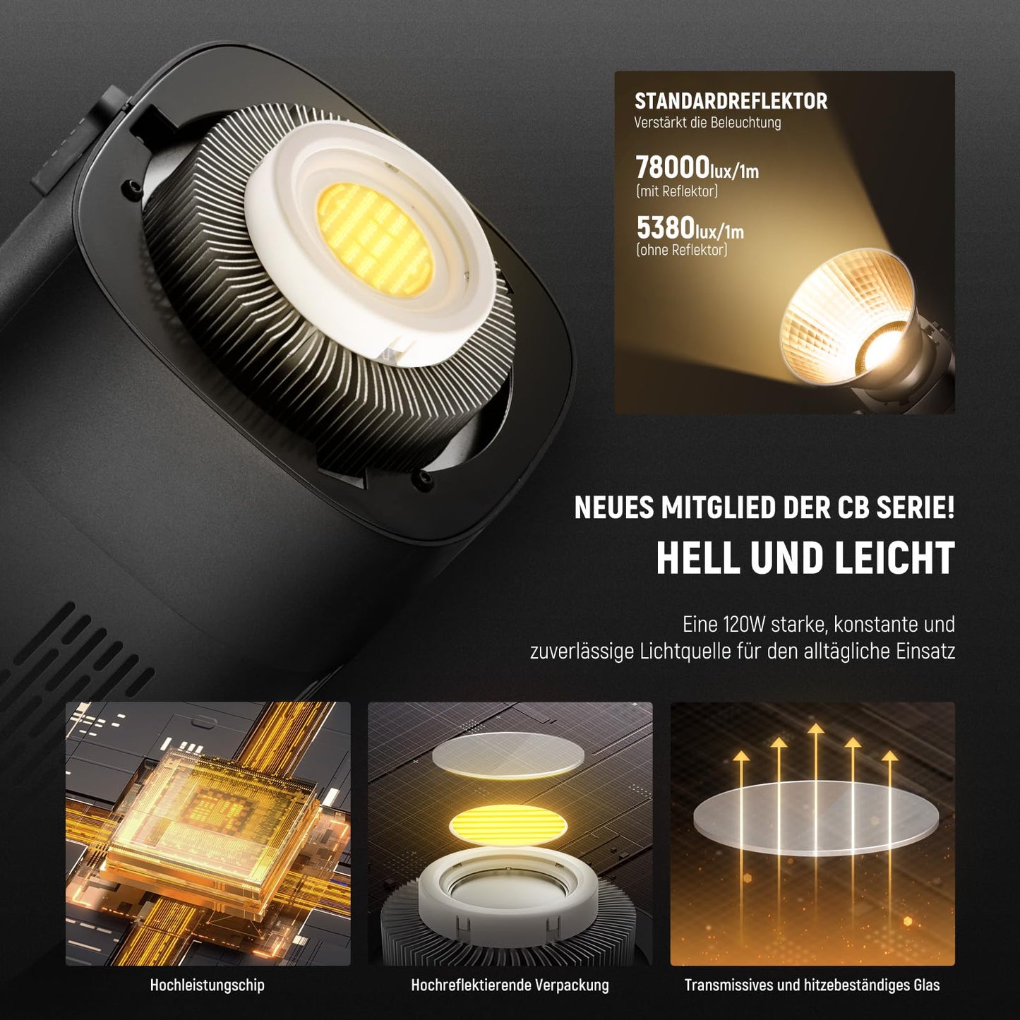 NEEWER CB120B 120W LED video light with 2.4G APP control, COB, two-tone, 2700K - 6500K, 78000 lux at 1m/CCT mode/CRI97/12 scenes/Bowens mount, continuous light for studio photography/video recordings - 10104632
