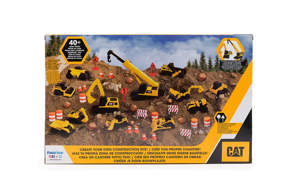 CAT® Construction Little Machines Mega-Set I With 40 pieces I Includes vehicles, a crane, traffic signs, cones, blocks, and cylinders I For children aged 3 and up, Yellow, 1:64 - 83337