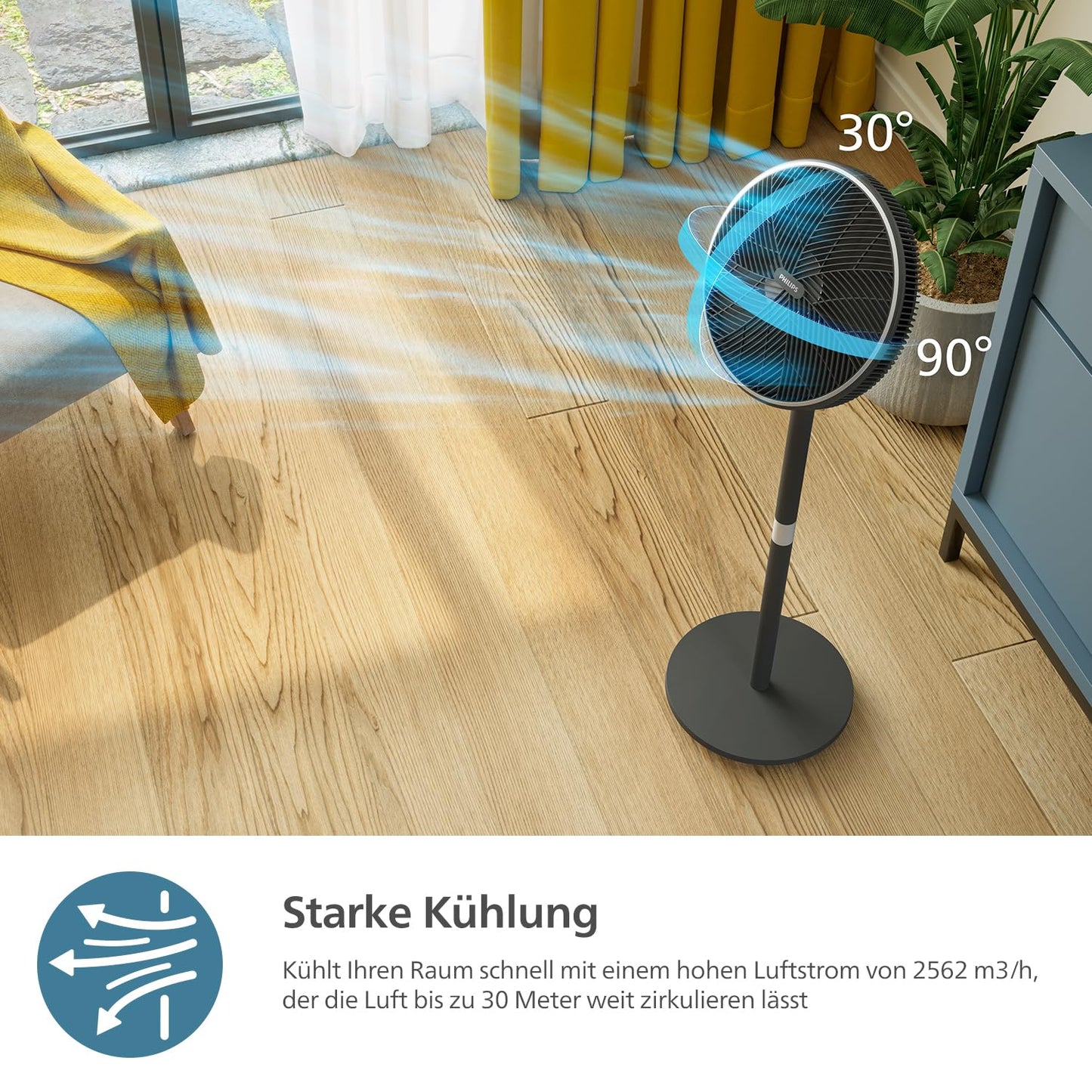 Philips Smart pedestal fan series 3000. Strong & extremely quiet SilentWings technology. 19dB. 2-in-1 table & pedestal fan. Tiltable & rotatable. App control. 12 hour timer. Black (CX3550/01)
