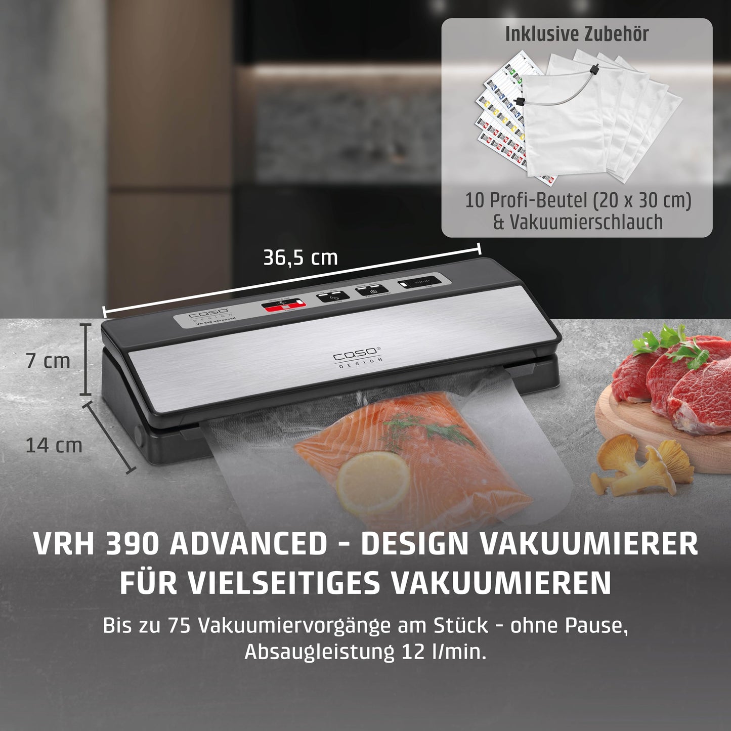 CASO VR 390 advanced vacuum sealer, test rating Very Good, foil sealing device, up to 75 vacuum sealing processes non-stop, removable vacuum chamber, incl. 10 professional foil bags - 1522