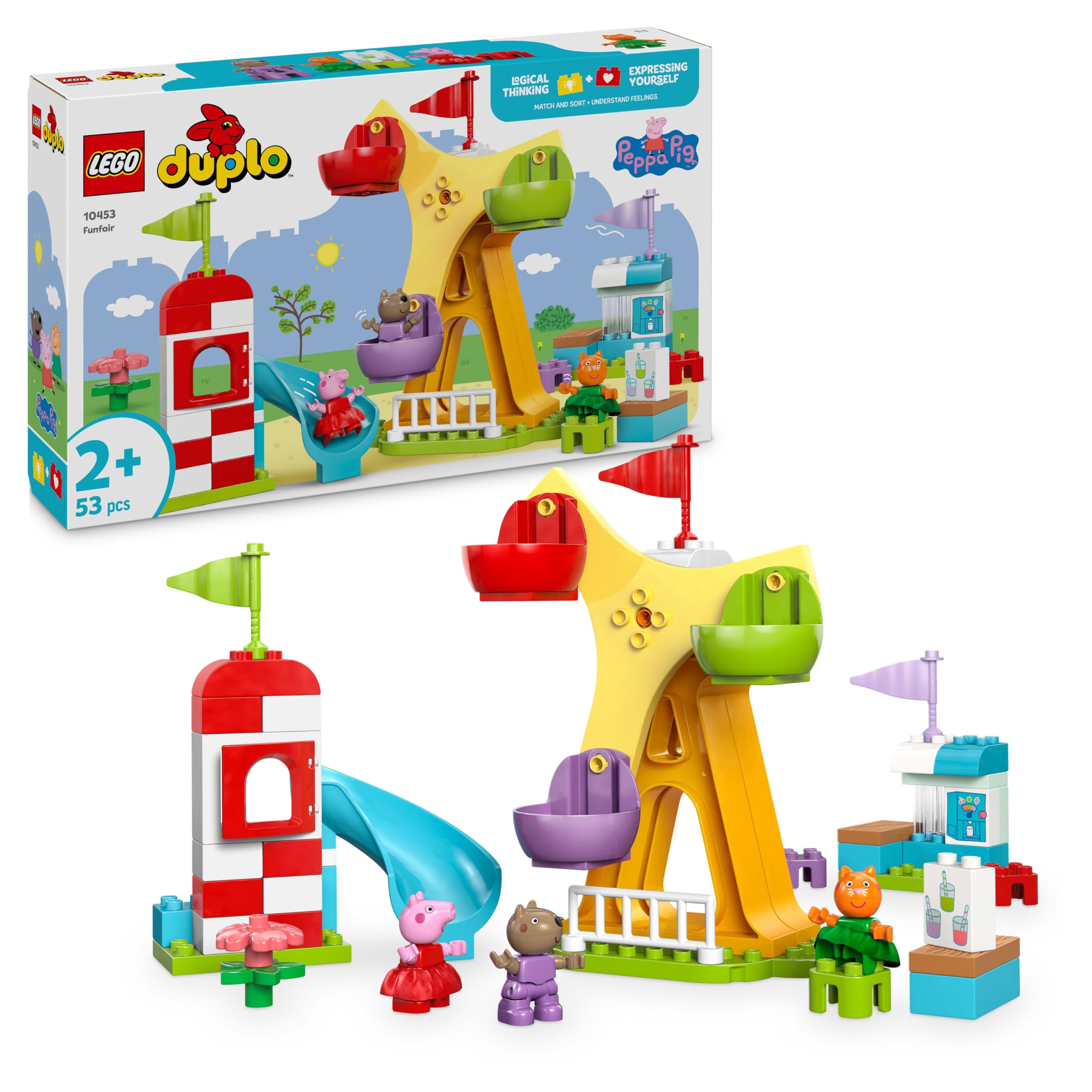 LEGO DUPLO Peppa Pig Fair - Montessori toy - motor skills toy for children aged 2 and up - preschool games with Ferris wheel, slide & 3 figures incl. Mollie Mieze & Klausi Kläff 10453