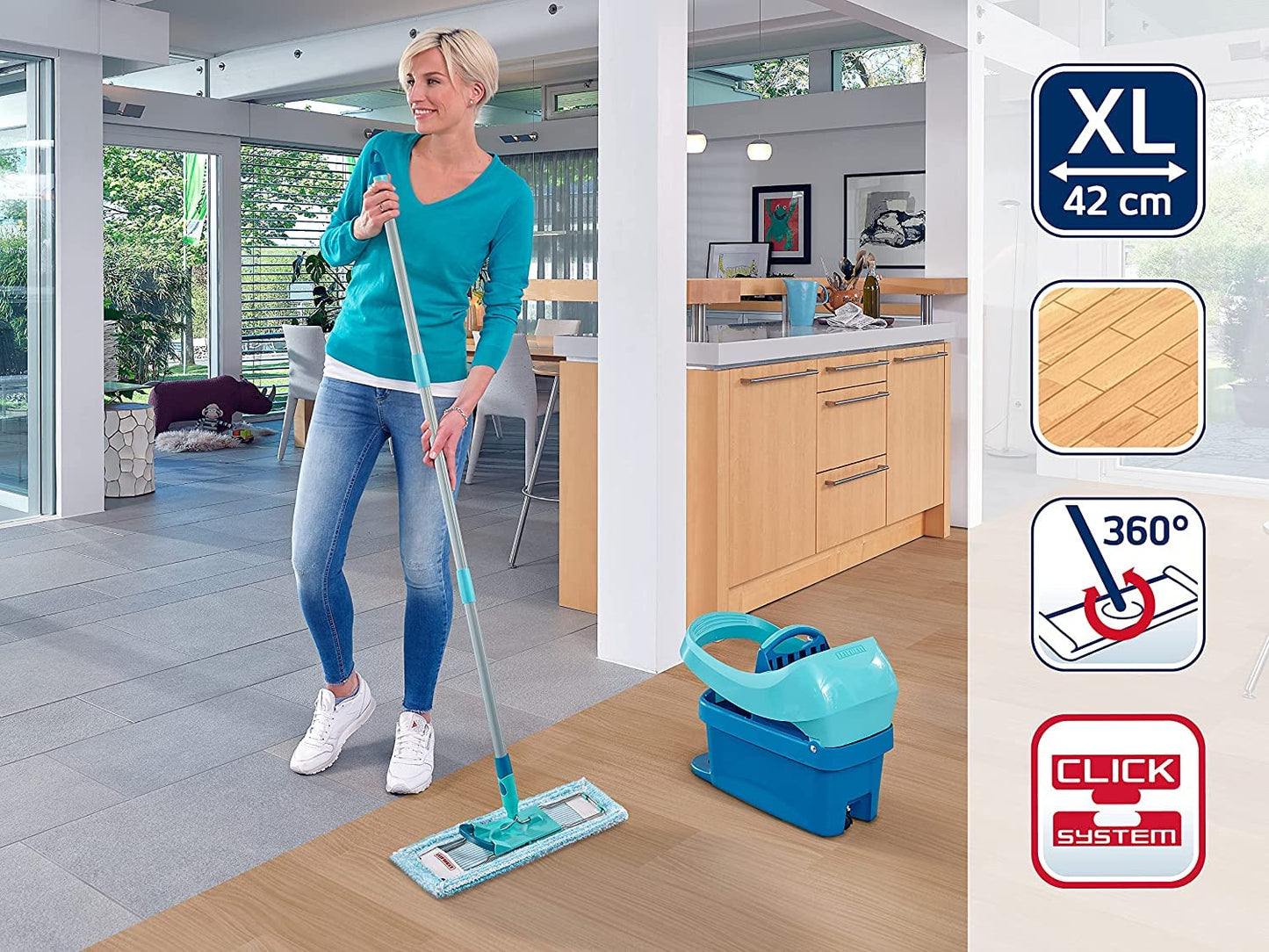 Leifheit back-friendly floor mop Profi XL super Soft, steel handle 146 cm, mop with foot click, mop cover for parquet and cork, 360° swivel joint, click system, environmentally friendly cardboard - 55457