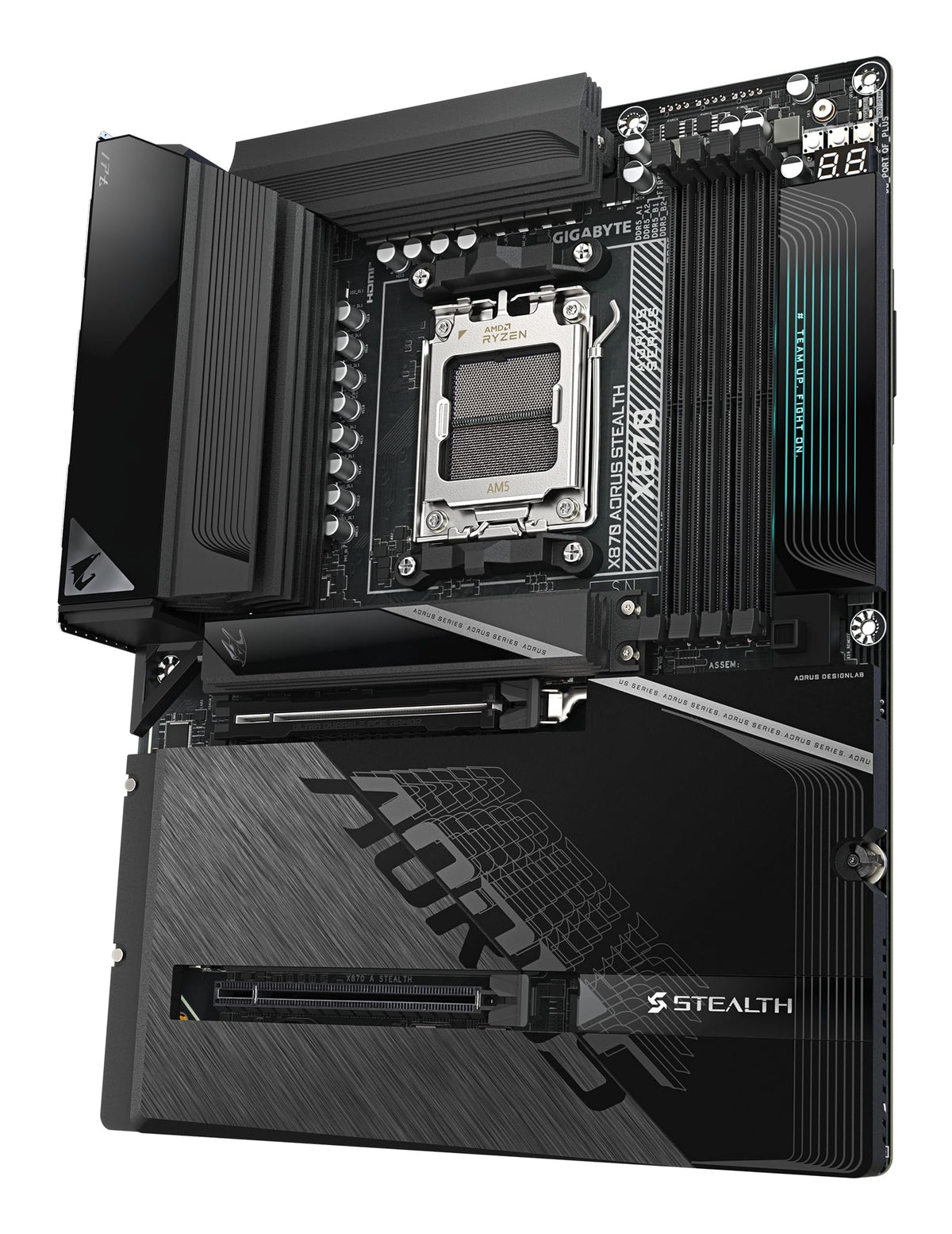GIGABYTE X870 AORUS Stealth Mainboard - Supports AMD Ryzen 9000 CPUs, digital 16+2+2 phase VRM, up to 8200MHz DDR5 (O.C.), 2xPCIe 5.0 + 2xPCIe 4.0, Wi-Fi 7, 5GbE LAN, USB 4