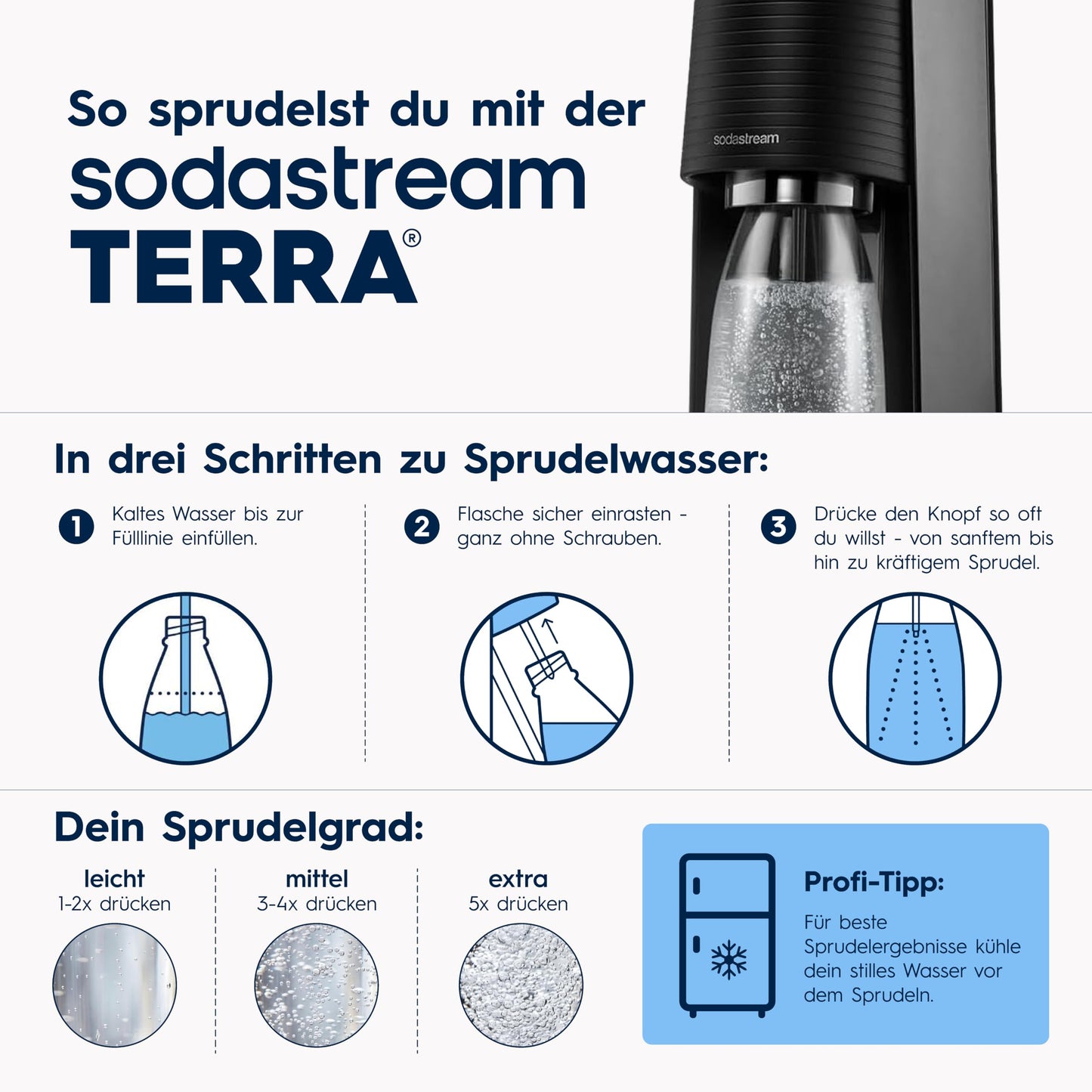 Sodastream TERRA water soda maker, Soda Stream machine with 1 Quick Connect 60L CO2 cylinder, 2x 1L and 3x 1L dishwasher-safe plastic soda bottles, height 44 cm, black - 1100448490