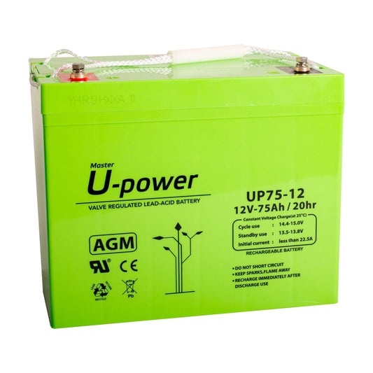 U-Power AGM battery 12V 75Ah, VRLA lead battery maintenance-free, rechargeable, screw connection M6, for UPS/UPS, alarm systems, solar systems & security