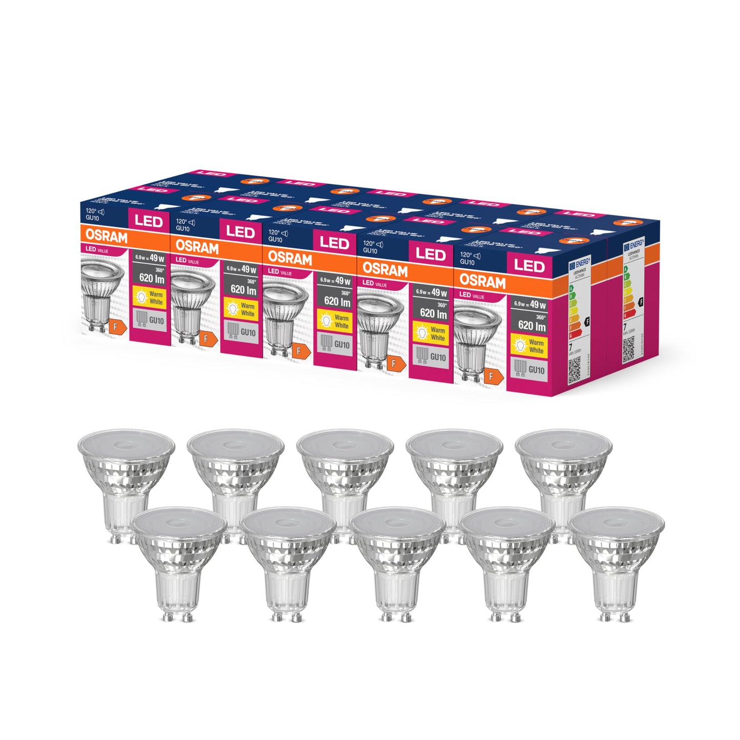 Osram LED Star Value PAR16 LED lamp for GU10 base, reflector lamp, GL, 620 lumens, warm white (3000K), replacement for conventional 49W light bulbs, not dimmable, pack of 10 - 4058075096714