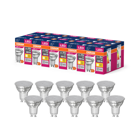 Osram LED Star Value PAR16 LED lamp for GU10 base, reflector lamp, GL, 620 lumens, warm white (3000K), replacement for conventional 49W light bulbs, not dimmable, pack of 10 - 4058075096714